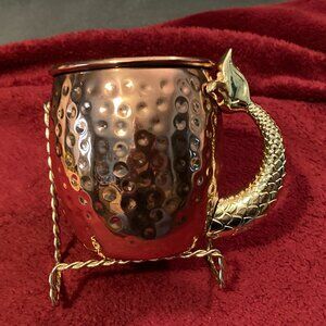 Hammered Copper Moscow Mule Mug w/Golden Mermaid Tail -4" High-Holds 16 oz-EUC